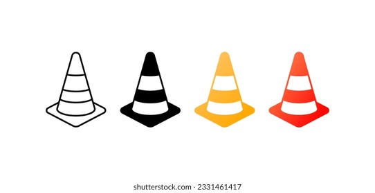 Traffic cone. Different styles, color, set of icons with a traffic cone, special equipment, restrict travel. Vector icons.