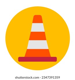 Traffic cone flat style design in yellow circle on white background.
