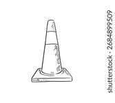 Traffic cone hand drawn in black and white line. 