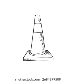 Traffic cone hand drawn in black and white line. 