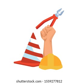traffic cone with hand holding a pliers over white background, vector illustration