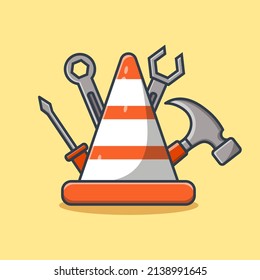 Caricatura sobre cono de tráfico y herramientas de trabajo pesado