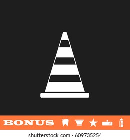 Traffic cone icon flat. White pictogram on black background. Vector illustration symbol and bonus button tooth, vase, star, mirror, bottle