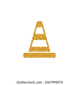 Traffic cone icon in gold glitter texture. Sparkle luxury style vector illustration.