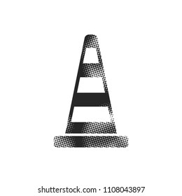 Traffic cone icon in halftone style. Black and white monochrome vector illustration.