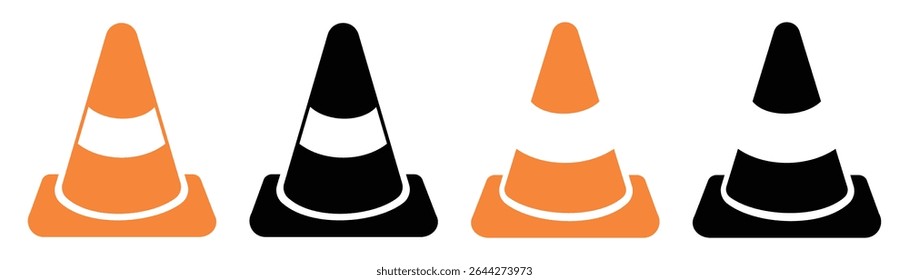 Traffic Cone Icon Line and Flat Solid Logo set. Cone Construction signal icon black outline filled version. Road Trip Icons Traffic cone flat design sign. Vector illustration.