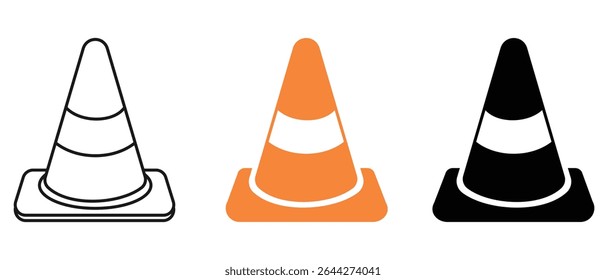 Traffic Cone icon. Cone line and flat solid logo set. Cone Construction signal icon black outline filled version. Road Trip Icons Traffic cone flat design sign. Vector illustration.