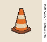 Traffic cone icon in pixel art style. Vector illustration. 8 bit logo for game