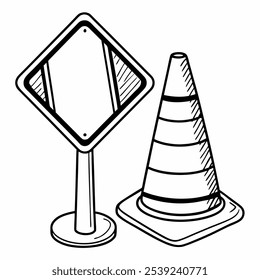 Ícone do cone de tráfego, Sinal de aviso de estrada, Ícone de contorno linear em fundo branco. Ilustração vetorial em arte de linhas.