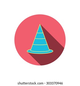 Traffic cone icon. Road warning sign. Red flat circle button. Linear icon with shadow. Vector