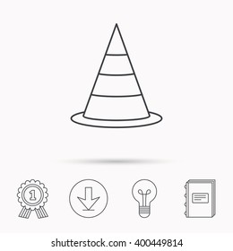 Traffic cone icon. Road warning sign. Download arrow, lamp, learn book and award medal icons.