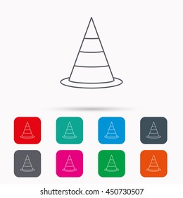 Traffic cone icon. Road warning sign. Linear icons in squares on white background. Flat web symbols. Vector