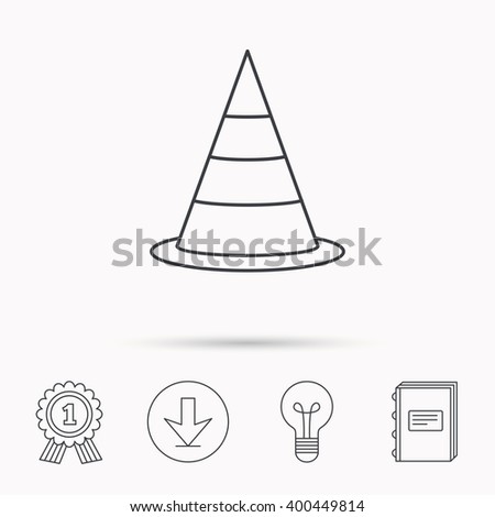 Traffic cone icon. Road warning sign. Download arrow, lamp, learn book and award medal icons.