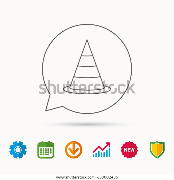 Traffic cone
icon. Road warning sign. Calendar, Graph chart and Cogwheel signs.
Download and Shield web icons.
Vector