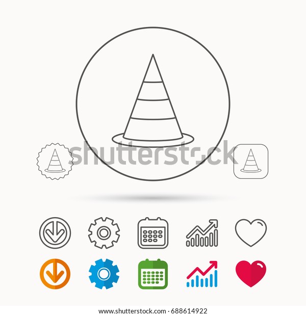 Traffic cone icon. Road warning sign. Calendar,\
Graph chart and Cogwheel signs. Download and Heart love linear web\
icons. Vector