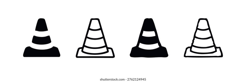 Traffic cone icon set in different styles. Vector illustration of road safety symbols on a white background.
