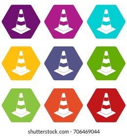 Traffic cone icon set many color hexahedron isolated on white vector illustration