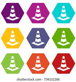 Traffic cone icon set many color hexahedron isolated on white vector illustration