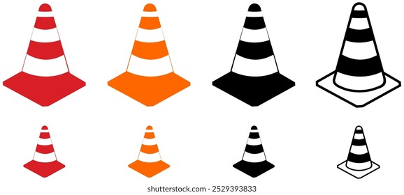 Conjunto de iconos de cono de tráfico. Vector de icono de cono de carretera. Separador de caminos con conos. Bloqueo de carretera o marca de barrera de carretera para App o Sitios web, ilustración de símbolos