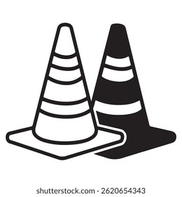 Traffic Cone Icon Set – Safety Cone Vector Silhouette and Outline Illustration
