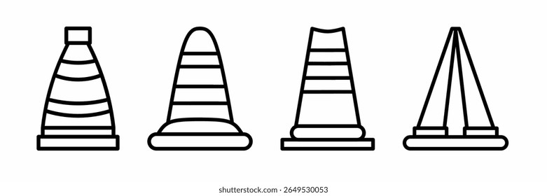 Ícone de tráfego. Coleção de ícones de linha fina do cone de tráfego. Vetor de estoque.