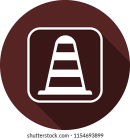 Traffic cone icon. White flat image in a white outline of a square with a long shadow