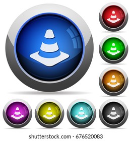Traffic cone icons in round glossy buttons with steel frames