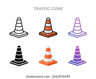 Traffic Cone Symbole Vektorgrafik Set Linie, flach, glyph, Umriss Farbverlauf. Ideal für Web, App, Präsentation und mehr. Bearbeitbarer Strich und Pixel perfekt.