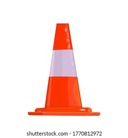 Traffic cone isolated on white background. Construction cone icon in flat style. White and orange road cone. Alert cone logo. Sign used to provide safe traffic during road construction. Stock vector