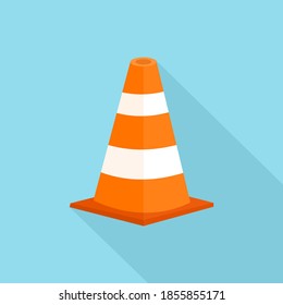 Cono de tráfico con una larga sombra aislada sobre fondo azul.