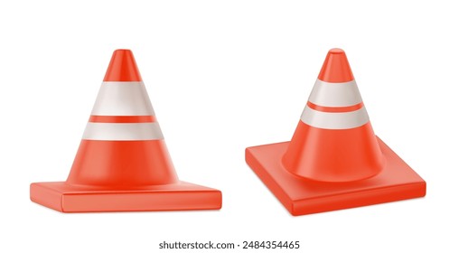 Traffic cone mockups set isolated on white background. Vector realistic illustration of orange and white striped warning sign, safety barrier for accident scene, construction site, attention border