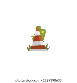 Traffic cone on the grass. Road sign, pointer. Consequences of an earthquake or apocalypse concept. Vector illustration isolated on white background. Great for elements of games or applications