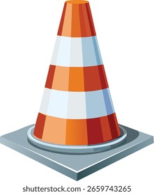 Cone de tráfego em uma base quadrada com faixas refletoras, símbolo de segurança rodoviária.
