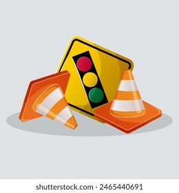 Traffic cone orange , traffic sign stock illustration with traffic lamp sign