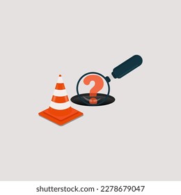 Traffic cone and question mark out from hole with magnifying glass vector illustration