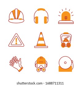 traffic cone and safety elements icon set over white background, half line half color style , vector illustration