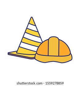 traffic cone and safety helmet icon over white background, vector illustration