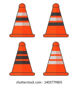 Traffic cone in several embodiments coloring reflective tape. Vector on white background.