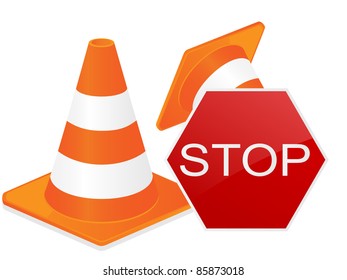 Traffic cone with stop sign. Vector illustration.