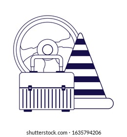 traffic cone with tools box and steering wheel over white background, vector illustration