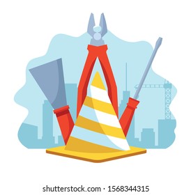 traffic cone with tools over under construction scenery background, vector illustration