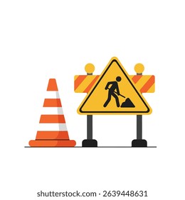 A traffic cone and under construction sign are placed to warn drivers of road work.