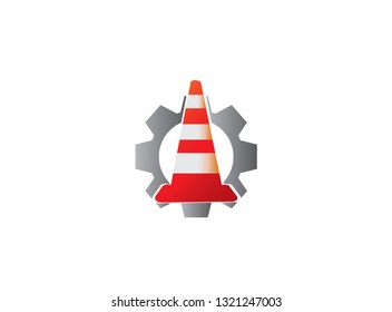 Traffic cone in under construction signal Warning inside gear pinion for logo design