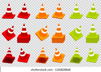 Traffic cone vector cartoon icons set isolated on a transparent background.