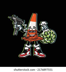 traffic cone vector hold gun, weed nug bag and smoking blunt cannabis bud flower marijuana and happy face