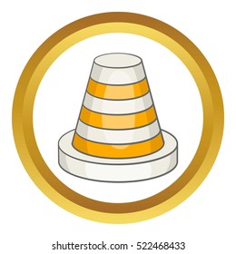 Traffic cone vector icon in golden circle, cartoon style isolated on white background