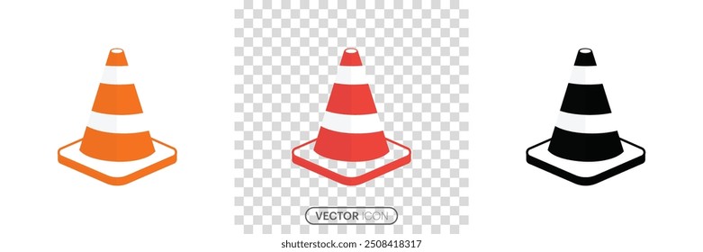 Traffic cone vector icon set. Orange plastic striped traffic cone icon in construction industrial, safety Equipment and Road token icon. Three Signal Cones Isolated Transparent Background. Vector 