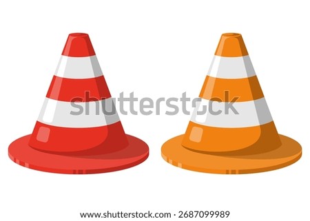 Traffic cone vector illustration, red and orange safety cone in flat cartoon style, isolated on white background, warning symbol for road construction and safety