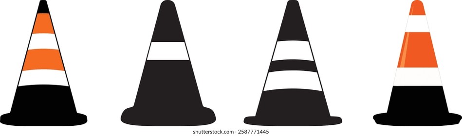 Traffic Cone Vector Illustration: Set of Orange, Black, and White Road Cones