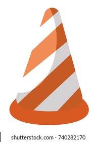 Cono de tráfico con rayas blancas y naranjas. Ilustración de dibujos animados de vectores aislados en fondo blanco.